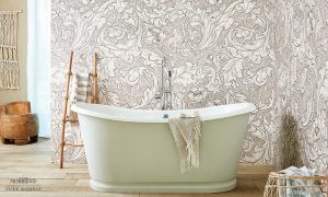 A Morris design wallpaper at the bathroom installed by Katandra Interiors Busselton.