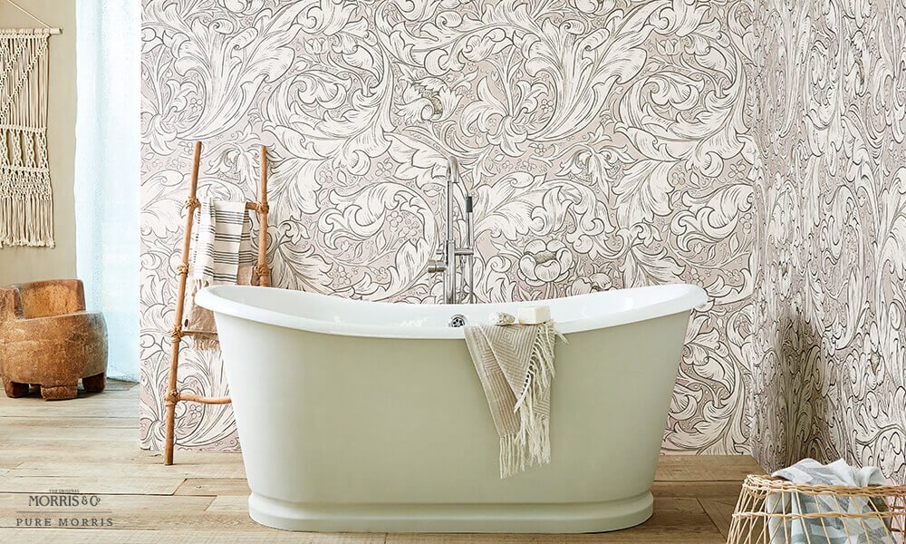A Morris design wallpaper at the bathroom installed by Katandra Interiors Busselton.